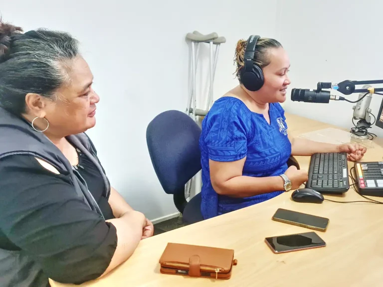 Radio Hosts Saane and Satua testing out the new system